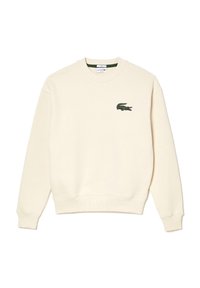 Kremowy sweatshirt wykonany z miękkiego materiału. Posiada ściągacze na rękawach i u dołu, a na piersi znajduje się zielony haftowany logo krokodyla.