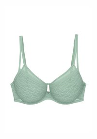 Jasnozielony biustonosz z wzorzystą siateczką, wsparciem w postaci fiszbiny oraz regulowanymi ramiączkami. Posiada centralny detal w kształcie dziurki i teksturowany materiał.