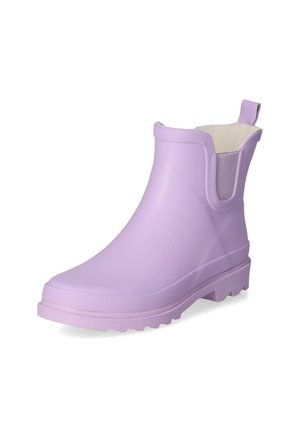 Fioletowy kalosz za kostkę z pętelką do ściągania, elastycznymi panelami bocznymi i teksturowaną podeszwą zapewniającą przyczepność, przedstawiony na białym tle.