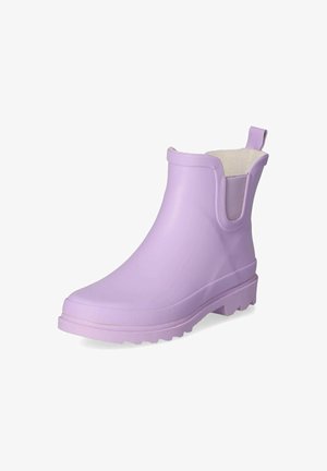 Lavender-colored ankle rain boot with pull tab, elastic side panels, and textured sole for grip, shown on white background.