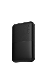 Power bank nero compatto con sezione superiore testurizzata e sezione inferiore liscia. Dotato di indicatori LED e design con bordi arrotondati.