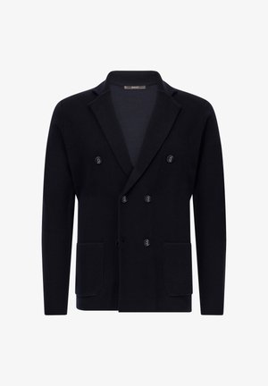 Jūrininkų mėlynas dvigubo užsegimo švarkas su dideliais juodais mygtukais, struktūruotais pečiais, dviem priekinėmis kišenėmis ir tekstūruotu audinio paviršiumi.