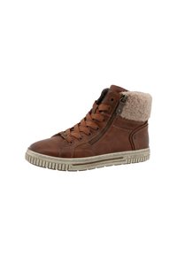 Hnědá kožená vysoká obuv s límcem z umělé kožešiny, šněrováním vpředu, bočním zipem a texturovanou gumovou podrážkou s vroubkovaným vzorem.
