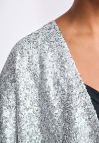 Zilveren pailletten sjaal met een zachte textuur, elegant vallend over een zwart kledingstuk, met een V-hals ontwerp en een gladde silhouet.