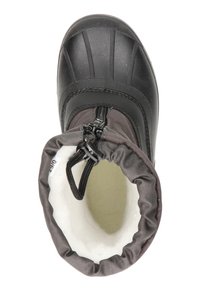 Černá gumová zimní bota s šedým textilním svrškem, zipovým zapínáním a jemnou bílou podšívkou. Vyznačuje se tvarovanou podrážkou a elastickým vrškem.