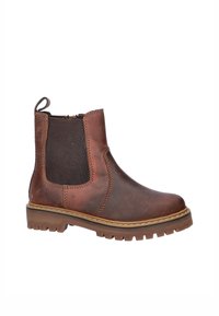 Bruine leren Chelsea-boots met elastische zijkanten, ronde neus, textuur en robuuste zool; voorzien van een trekband voor gemakkelijk aan- en uittrekken.