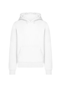 White hoodie featuring a front kangaroo pocket, drawstring hood, ribbed cuffs, and hem. Smooth texture with a classic design.