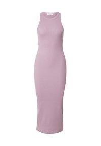 Mouwloze, figuuraccentuerende midi-jurk in licht lila, gemaakt van ribbelstof. Heeft een ronde halslijn en een rechte zoom.