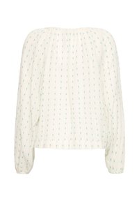 Blouse écrue à manches longues avec petit motif floral vert, encolure froncée, poignets et ourlet élastiques.