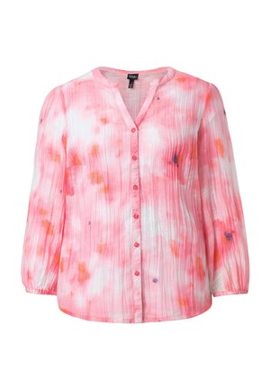 Langärmlige rosa-weiße Batikbluse mit Knopfleiste vorne und dezenten vertikalen Streifen in Struktur.