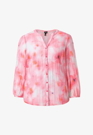 Blusa de manga larga en rosa y blanco con efecto tie-dye, cierre frontal con botones y sutiles rayas verticales texturizadas.