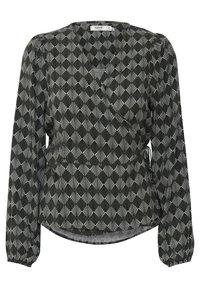 Blusa nera a maniche lunghe con design a incrocio e un motivo geometrico a ventaglio bianco; presenta polsini arricciati e una profonda scollatura a V.