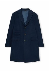 Granatowy płaszcz z mieszanki wełny z kołnierzem z klapami, trzema przednimi kieszeniami i dwoma guzikami. Gładka, fakturowana tkanina o dopasowanym kroju.