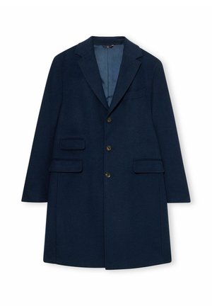 Cappotto blu navy in misto lana con colletto a revers, tre tasche frontali e due bottoni. Tessuto liscio e strutturato con una vestibilità sartoriale.