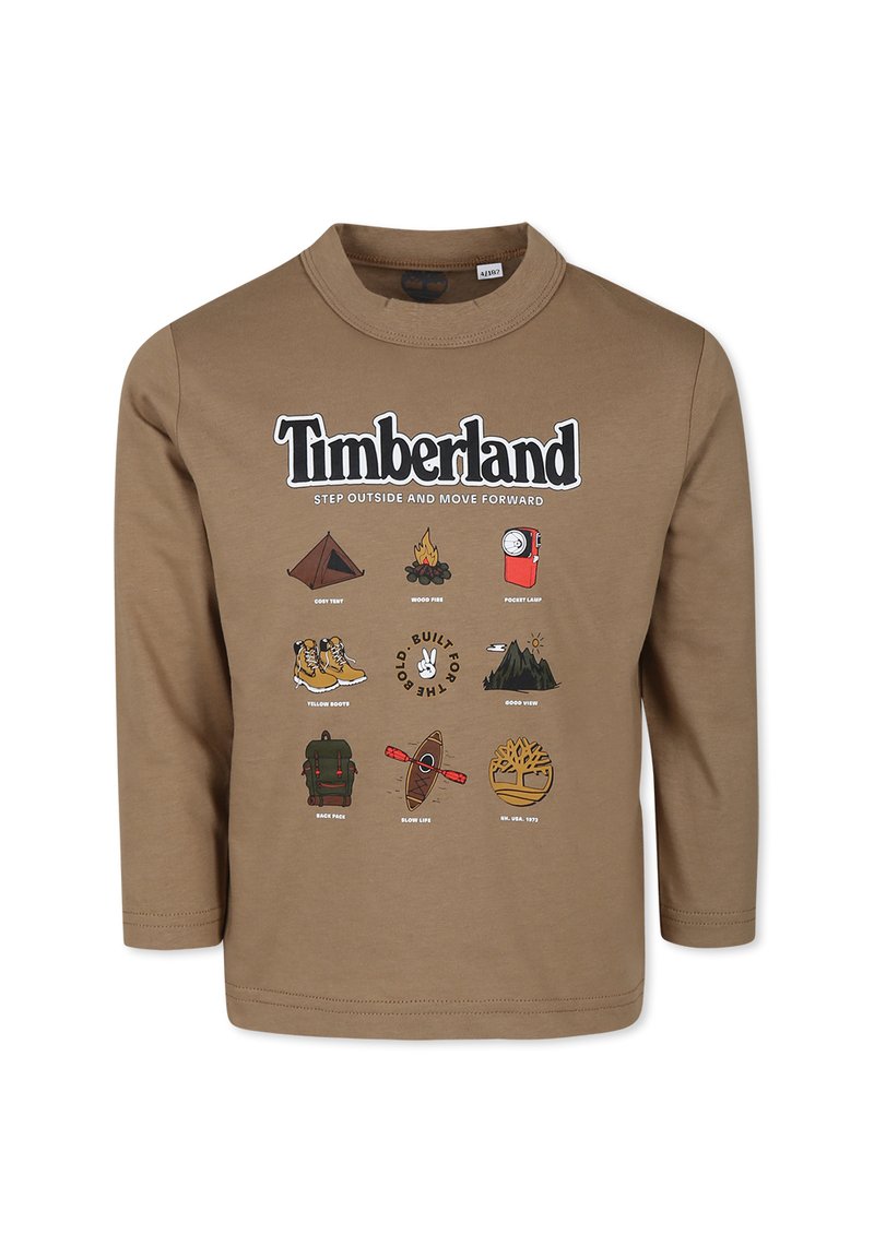 Brązowy t-shirt z długim rękawem z graficznym nadrukiem przedstawiającym ikony związane z naturą oraz napisem "Timberland" umieszczonym na górze.
