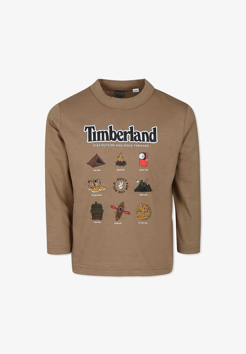 Brązowy t-shirt z długim rękawem z graficznym nadrukiem przedstawiającym ikony związane z naturą oraz napisem "Timberland" umieszczonym na górze.