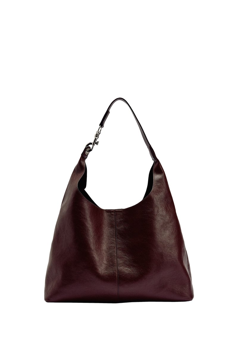 Burgundowa skórzana torba hobo o zaokrąglonym kształcie, z jedną rączką na ramię i subtelnym przeszyciem. Gładka faktura z minimalistycznym designem.