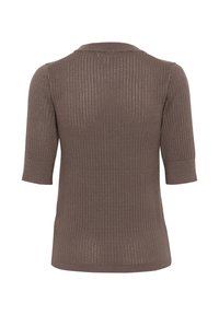 Brown, ribbed knit top with short sleeves and a rounded neckline; slightly sheer texture and straight hemline.