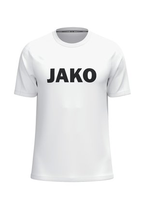 T-shirt sportiva bianca a maniche corte con logo "JAKO" in nero maiuscolo al centro del petto e scollo rotondo.