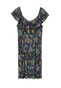 Robe mi-longue à motifs floraux sur fond noir, manches courtes volantées, avec des fleurs multicolores vertes, violettes et orange.