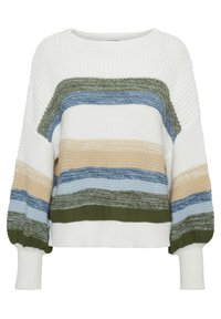 Suéter de punto con rayas horizontales en blanco, beige, azul y verde. Corte holgado con puños y dobladillo acanalados. Hilos texturizados.