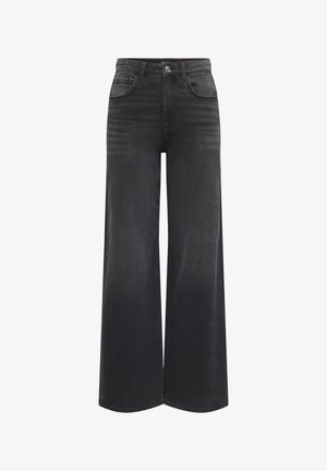 High-waisted black wide-leg jeans with front pockets, belt loops, and a button closure.