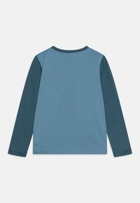 Long-sleeve shirt in light blue cotton with dark blue sleeves. Crew neck design, smooth texture, and no visible graphics or patterns.