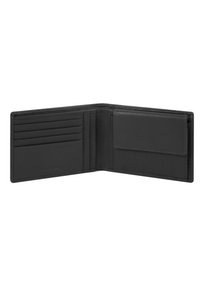 Portafoglio in pelle nera con finitura testurizzata, design bifold, numerose fessure per carte e una fessura orizzontale per ulteriore spazio di archiviazione.