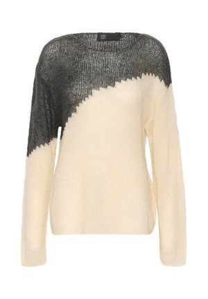 Sweter dzianinowy z długim rękawem o kremowej bazie i asymetrycznym, ciemnoszarym górnym pasie obejmującym ramię i rękaw.