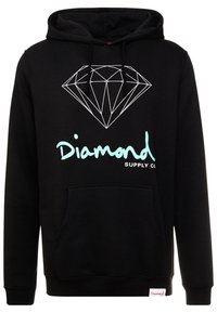 Svart huvtröja med en vit geometrisk diamantgrafik och turkos text "Diamond" ovanför en framficka.