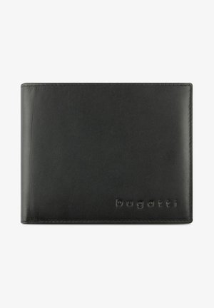 Portafoglio in pelle nera con una texture liscia, design pieghevole a due scomparti e logo "bugatti" in rilievo. Presenta bordi rigidi e uno stile minimalista.