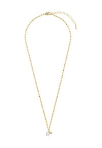 Guld halskæde med aflange led, en cubic zirconia vedhæng og en lille rund accent, med en sikker lobster clasp og forlængelse.