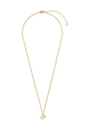 Goldkette mit länglichen Gliedern, einem kubischen Zirkonia-Anhänger und einem kleinen runden Akzent, mit einem sicheren Karabinerverschluss und Verlängerung.