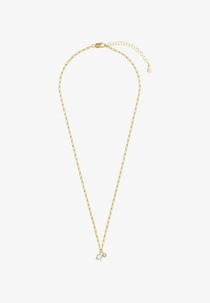 Goldkette mit länglichen Gliedern, einem kubischen Zirkonia-Anhänger und einem kleinen runden Akzent, mit einem sicheren Karabinerverschluss und Verlängerung.