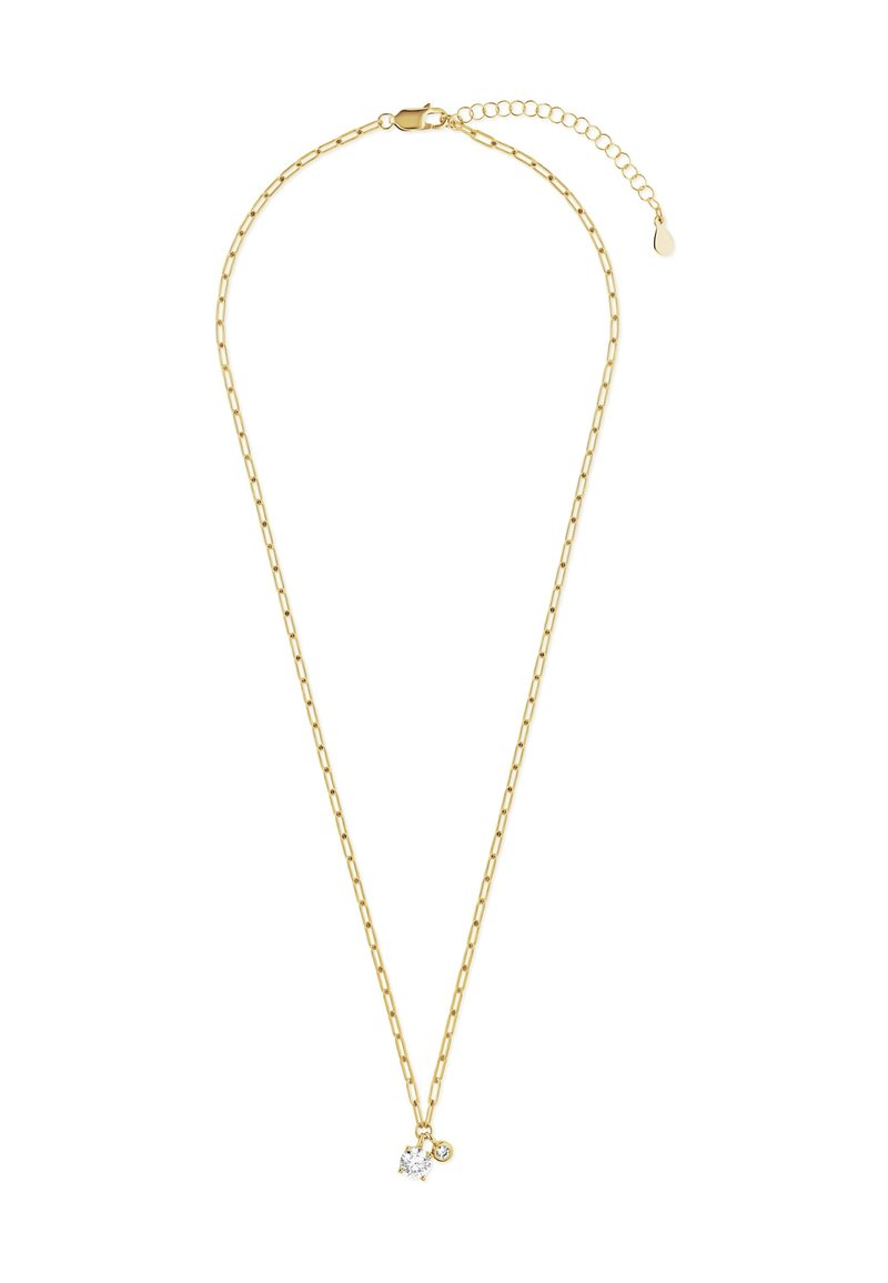 Guld halskæde med aflange led, en cubic zirconia vedhæng og en lille rund accent, med en sikker lobster clasp og forlængelse.