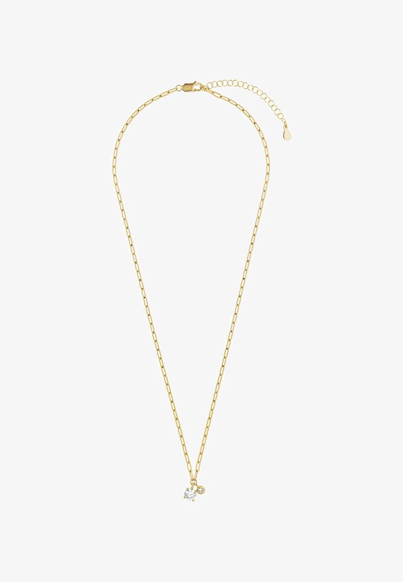 Guld halskæde med aflange led, en cubic zirconia vedhæng og en lille rund accent, med en sikker lobster clasp og forlængelse.