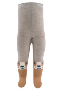 Hellgraue Strumpfhosen aus Strick mit einem braunen B ärenkopfmuster an den Füßen. Sie verfügen über eine weiche Textur und einen elastischen Bund für zusätzlichen Komfort.