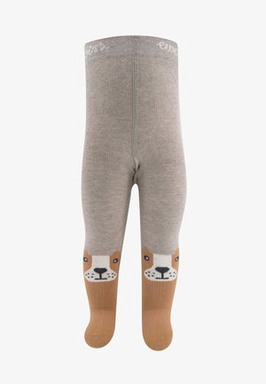 Light gray knitted tights with brown bear face design at the feet. Features a soft texture and elastic waistband for comfort.