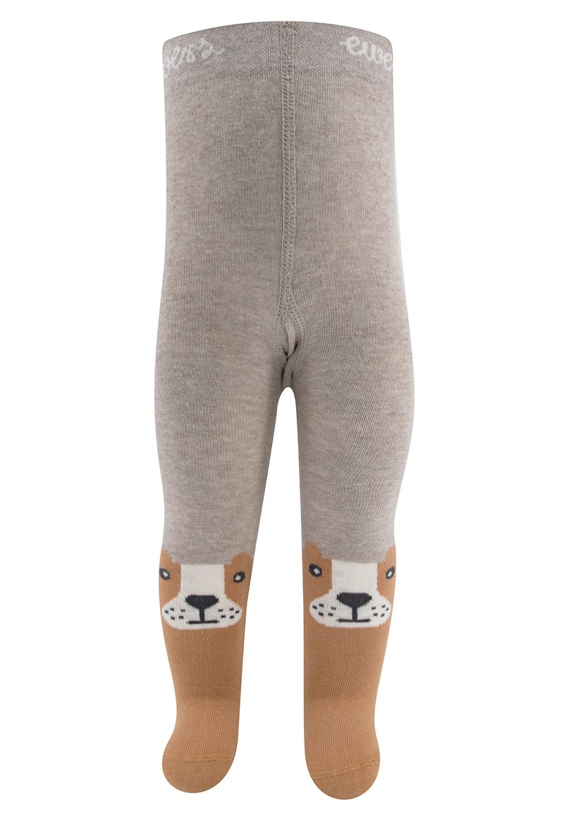 Hellgraue Strumpfhosen aus Strick mit einem braunen Bärenkopfmuster an den Füßen. Sie verfügen über eine weiche Textur und einen elastischen Bund für zusätzlichen Komfort.