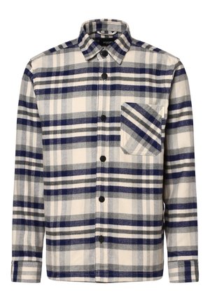 Chemise en flanelle pour homme à carreaux blancs, bleu marine et gris. Dotée d'un design à boutonnage, de manches longues et d'une poche poitrine avec un motif à carreaux diagonaux.