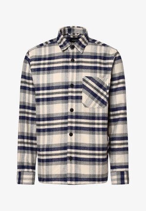 Heren flanellen overhemd in een witte, marineblauwe en grijze ruit. Heeft een knoopsluiting, lange mouwen en een borstzak met een diagonaal ruitpatroon.