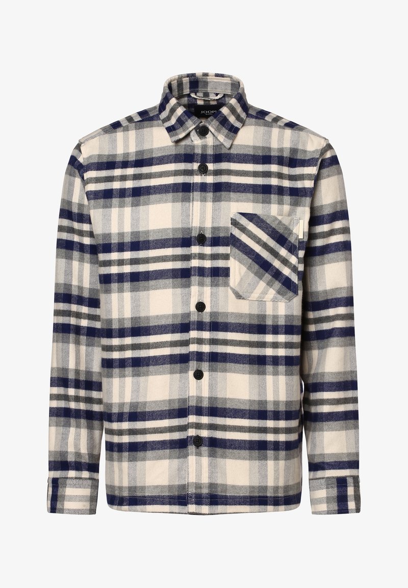 Pánská flanelová košile v bílém, námořnickém a šedém kostkovaném vzoru. Nabízí zapínání na knoflíky, dlouhé rukávy a náprsní kapsu s diagonálním kostkovaným vzorem.