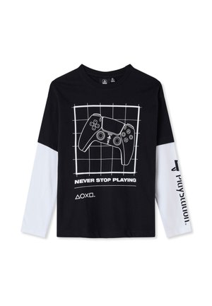 Maglia nera a maniche lunghe con maniche bianche, con grafica del controller PlayStation, sfondo a griglia e testo "Never Stop Playing" sulla parte anteriore.