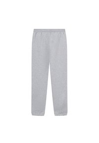 Graue Sweatpants aus weichem Stoff, mit elastischem Bund, schmal zulaufenden Beinen und gerippten Bündchen an den Knöcheln. Keine Muster oder Akzente.