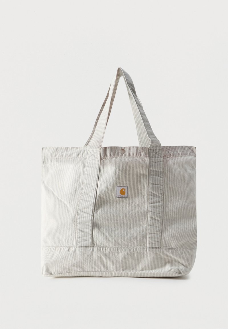 Large light gray striped tote bag with dual handles and a small Carhartt logo patch on the front center.