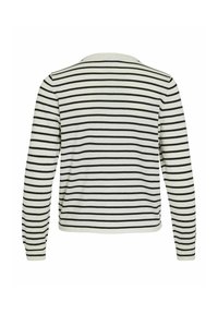 Pullover a maniche lunghe a righe in bianco sporco con righe orizzontali nere, con scollatura rotonda e polsini a coste. Vestibilità classica e texture morbida.