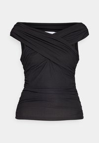 Černý top bez rukávů s překříženým výstřihem, texturovaná tkanina se subtilními sklady a nabranými boky pro přiléhavý siluetu.