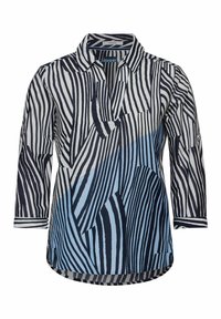Camicia blu e bianca con colletto, caratterizzata da un motivo a righe ondulate di varia altezza e una vestibilità comoda con maniche a tre quarti.