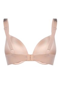 Nude wyściełany biustonosz o gładkim satynowym wykończeniu, z regulowanymi ramiączkami i ozdobnym detalem na klamrach ramiączek. Zapięcie na haftki z tyłu.