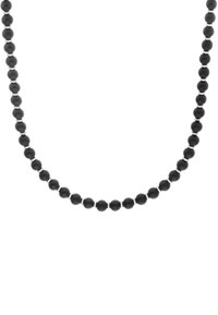 Collar de cuentas negras que presenta cuentas redondas brillantes intercaladas con pequeños acentos metálicos, creando una apariencia suave y uniforme.